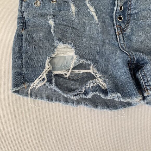 Express Denim Jean Shorts Womens 2 Shortie Vintage High Rise Distressed Metal - Picture 8 of 12